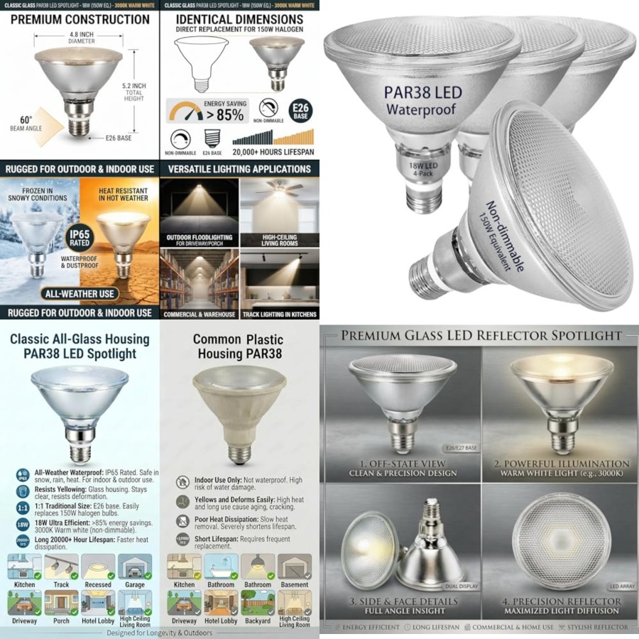 Led Flood Light - Glass Reflector PAR38 LED Bulbs, Warm